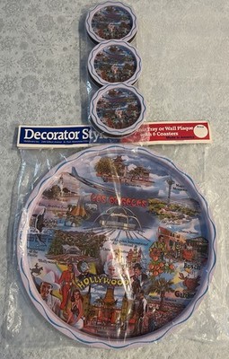 Vintage LA  Souvenir  Tin Serving Tray & 6 Coaster Set Decorator Styled USA