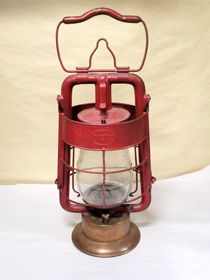 Dietz King Fire Dept. Copper Base Red Antique Tubular Lantern, Globe, Department