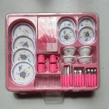 Children's Pretend Play Tea Set Pink Floral Plates Cups Utensils