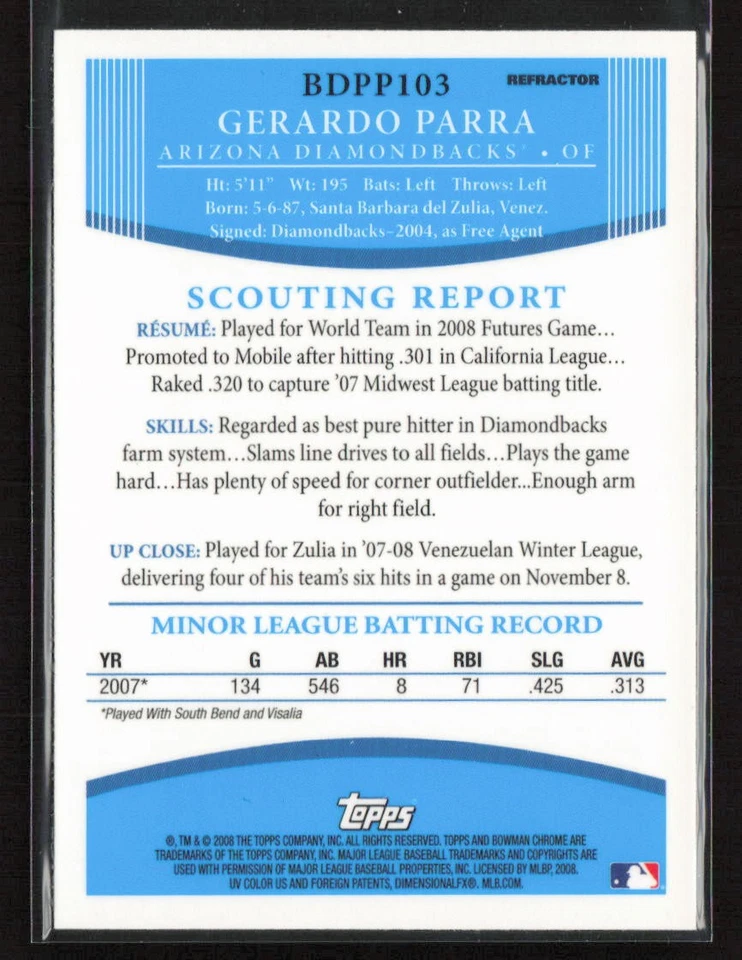 Gerardo Parra 2008 Bowman Draft Picks & Prospects #BDPP103 Chrome Refractors - Image 2 of 2