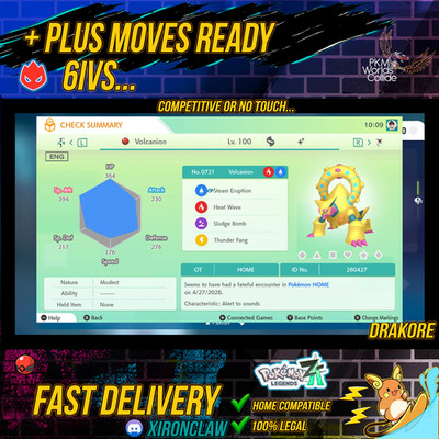 Shiny Volcanion Official Event Pokémon HOME | 6IV |   Plus Moves Ready | Z-A CH