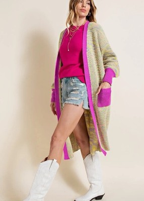 143 Story Women Magenta Multi Oversized Rib-Knit Open Longline Sweater Cadigan M