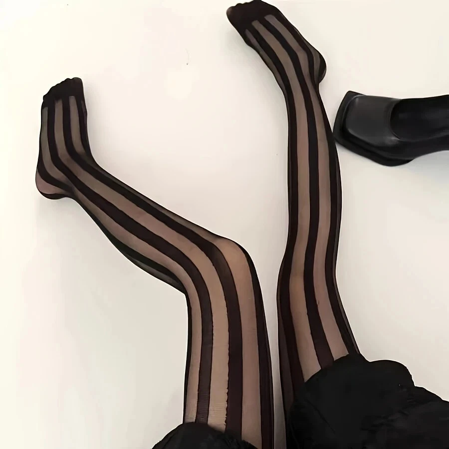 Women Elegant Sheer Tights with Chic Black Striped Pattern, Hot Sexy Pantyhose - Image 2 of 4
