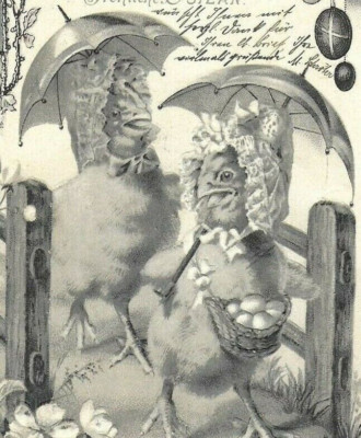Deutsche Oster AK anthropomorphe Küken Regenschirme Eier Hauben verschickt 1904
