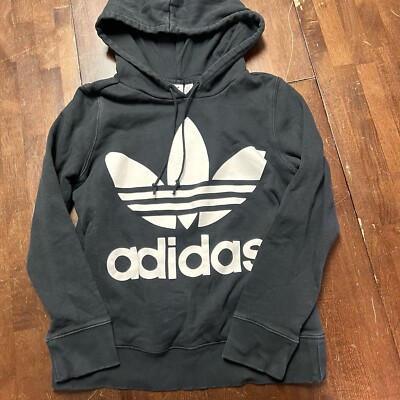 Adidas Trefoil Hoodie Sweatshirt Black White Pullover Pockets Big Logo  Womens XS