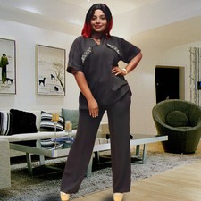 African Women Blouse Pant Plus Size Top Wide Leg Pants 2Pc Women Casual Outfit
