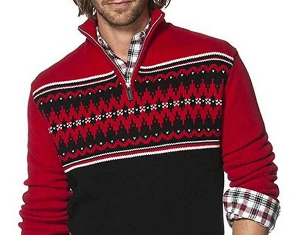 Chaps Sweater Classic-Fit Fairisle Quarter-Zip Thick Red Black Pullover NWT - Image 3 of 4