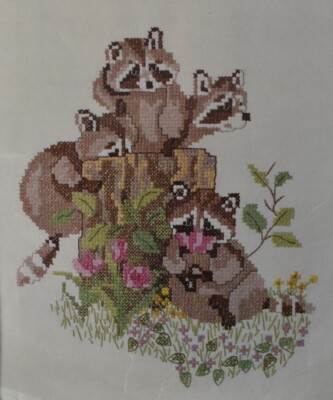 Charmin Raccoons Cross Stitch Kit Something's Missing Janlynn Tree Stump Flowers