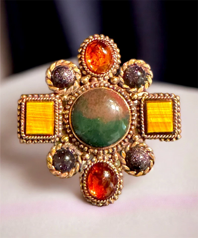 STEPHEN DWECK LATÓN PIEDRA DE SANGRE CABINA OJO DE TIGRE ÁMBAR PIEDRA DECLARACIÓN CELTA Foto 4 de 4