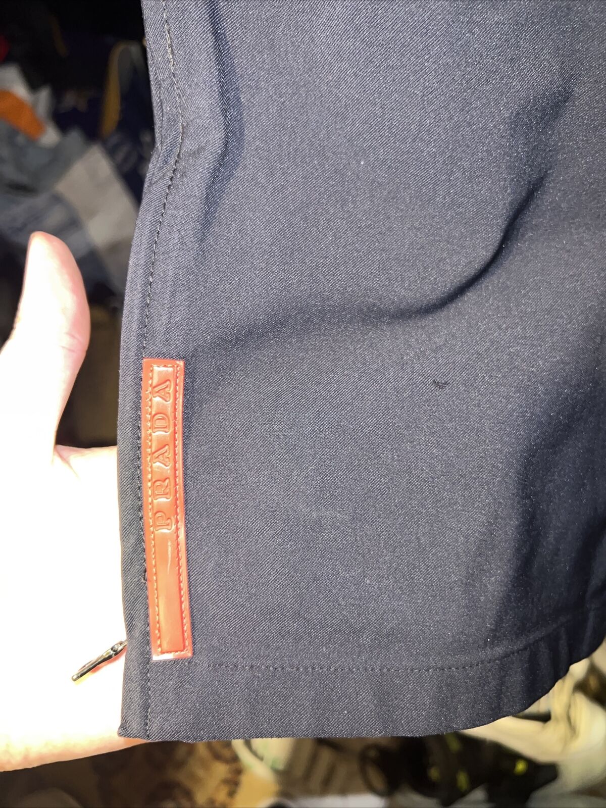 Prada Nylon Stretch Trouser Pants Red Logo Tab Side Black Vtg Sz 