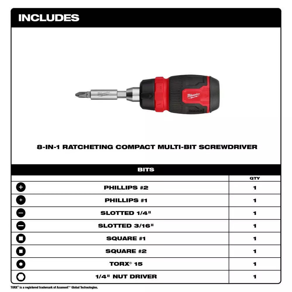 Milwaukee 48 22 2913 8 in 1 Ratcheting Compact Multi Bit