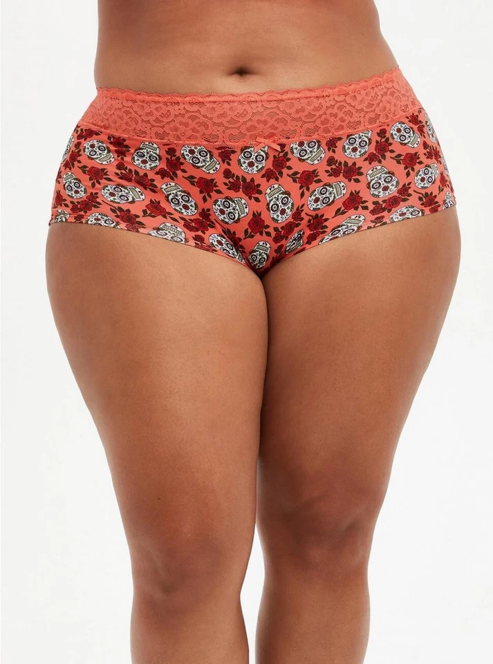 Panty Calaveras Naranja Floral Tórrido 2 2x Algodón Tiro Medio Boyshort Encaje Ribete Plus Foto 2 de 4