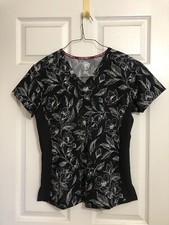 Divine Stretch JDM Women's Size S Small Floral Print Black White Scrub Top EUC