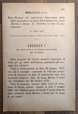 Palermo 1888 Regio Dekret X Dote Monastische Stiftung Marino/Iaraci-7924