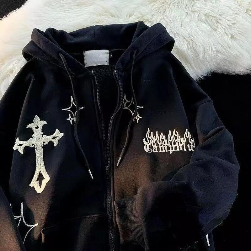 Y2k Oversized Hoodies Retro Hip Hop Jacket Gothic Embroidery Zip