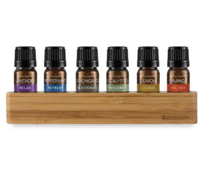 NEW Sparoom Bamboo Essential Oils Holder w/ 6 bottles 0.16 oz lavender mint+