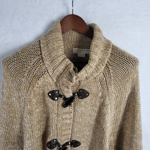 Michael Kors Poncho Sweater Cape Toggle Zipper Tan White Marled Designer Size 2X - Picture 2 of 14