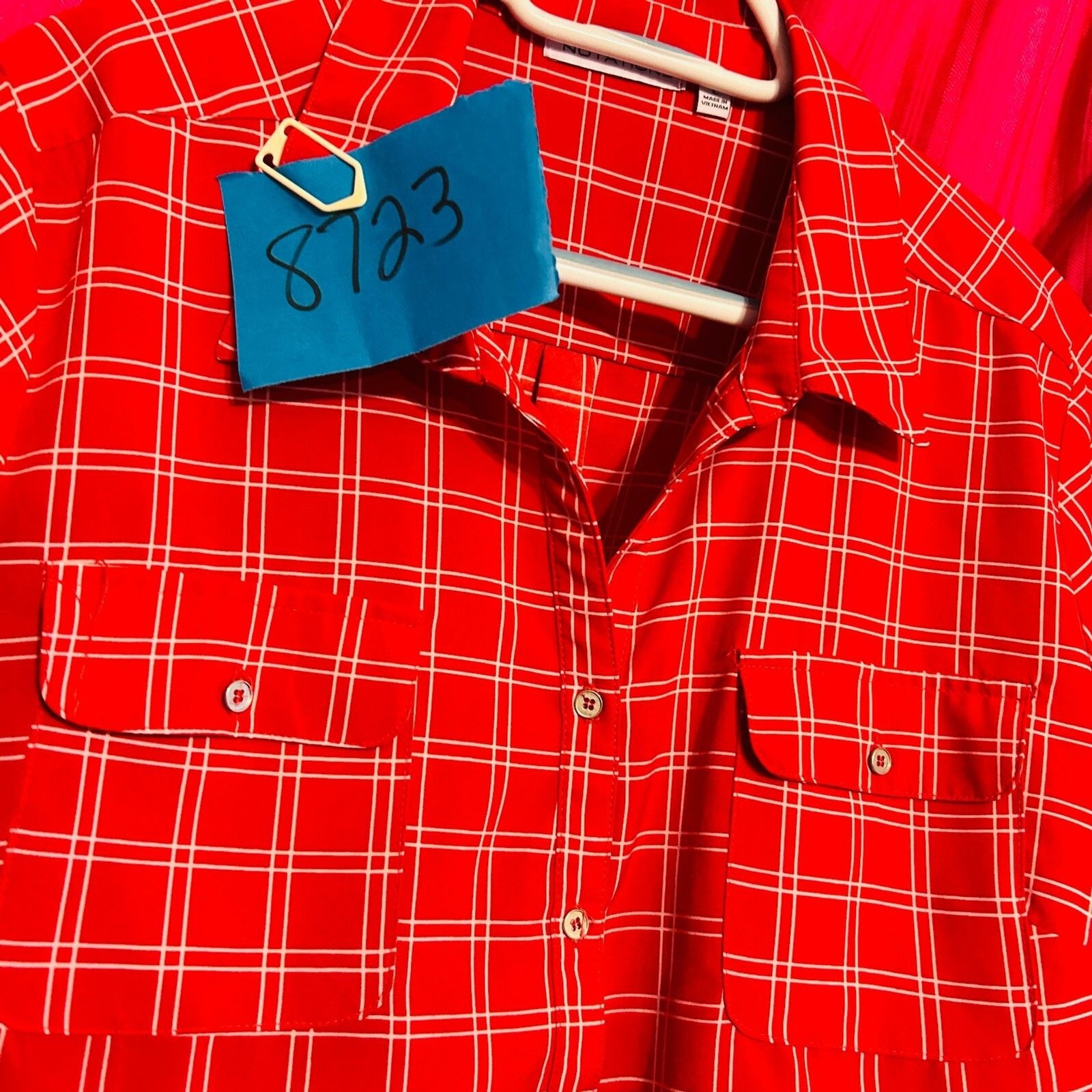 #8723 Notations Button Down Red PLAD Prints Blous… - image 8