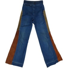 70s Vintage Hippie Bell Bottom Festival Boho Denim  Suede Leather Jeans 24