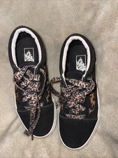 Vans Old Skool Kids Size 2 Low Top Casual Black Shoes Leopard Fur New No Box
