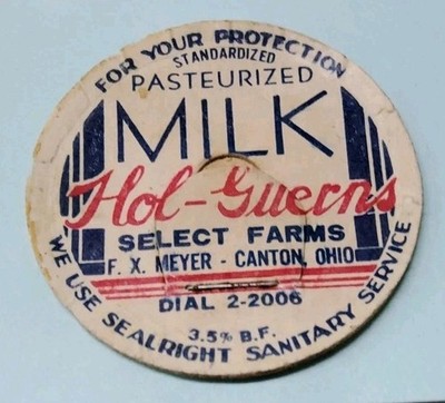 Vintage Milk Bottle Cap Hol-Guerns Select Farms Canton OH New Old Stock Dairy