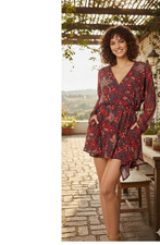 Free People Teegan Mini Dress L 12 Red Peach Floral V-Neck Asym Hem with Pockets