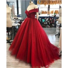Dark Red Tulle Ball Wedding Dresses Off Shoulder Sleeveless A-line Bridal Gowns