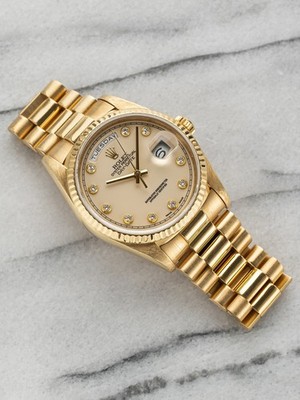Vintage Rolex Day Date Reference 18238 1990s Ivory Pinball Diamond