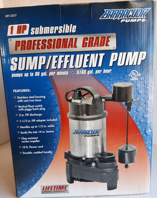 #ad Sump Pump Effluent Barracuda 1HP Stainless M# 92151 2quot; Disc. 86 GPM 14quot; Basin $147.00