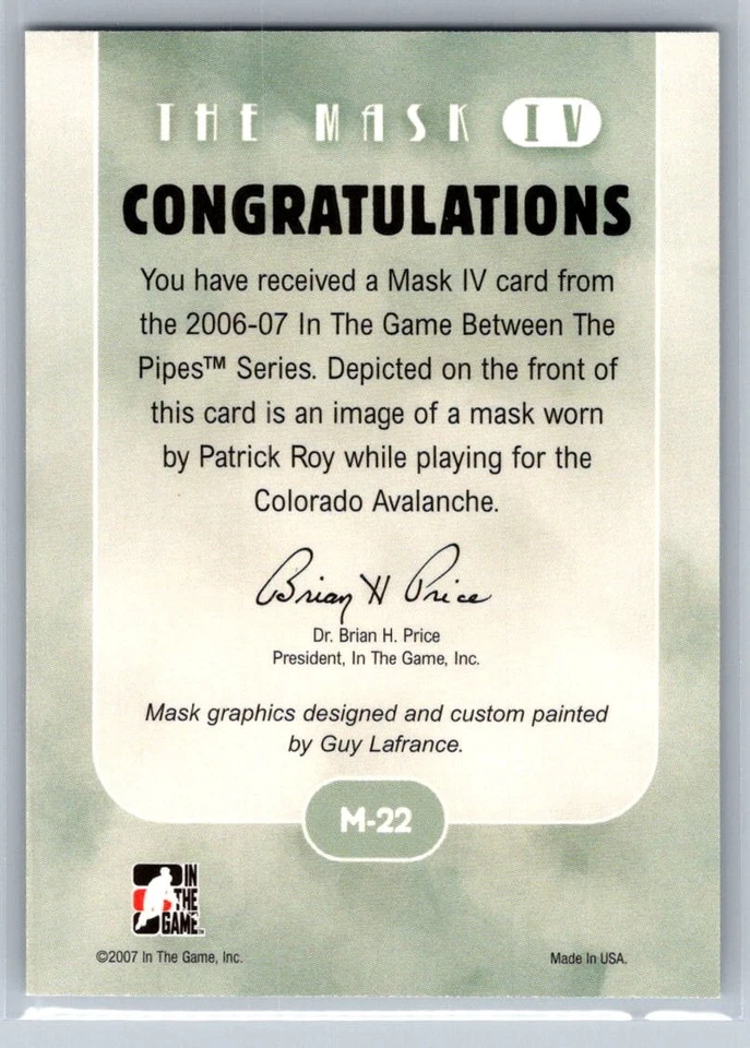 2006-07 Between The Pipes #M-22 Patrick Roy The Mask IV Silver Avalanche Foto 2 de 2