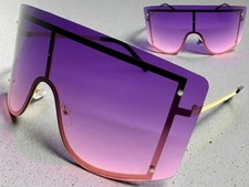 Oversized Exaggerated Modern Retro Shield SUNGLASSES Huge Gold Frame Purple Lens