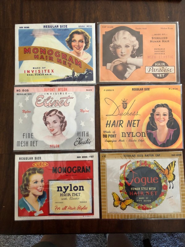 Vintage HAIR NETS - Beauty Supplies - Lot of 6 Packages - Great Graphics - LOOK!