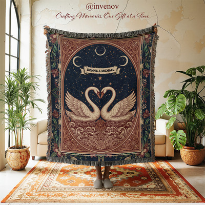 Personalized Swan Woven Blanket, Custom Couple Name Throw, Romantic Tapestry
