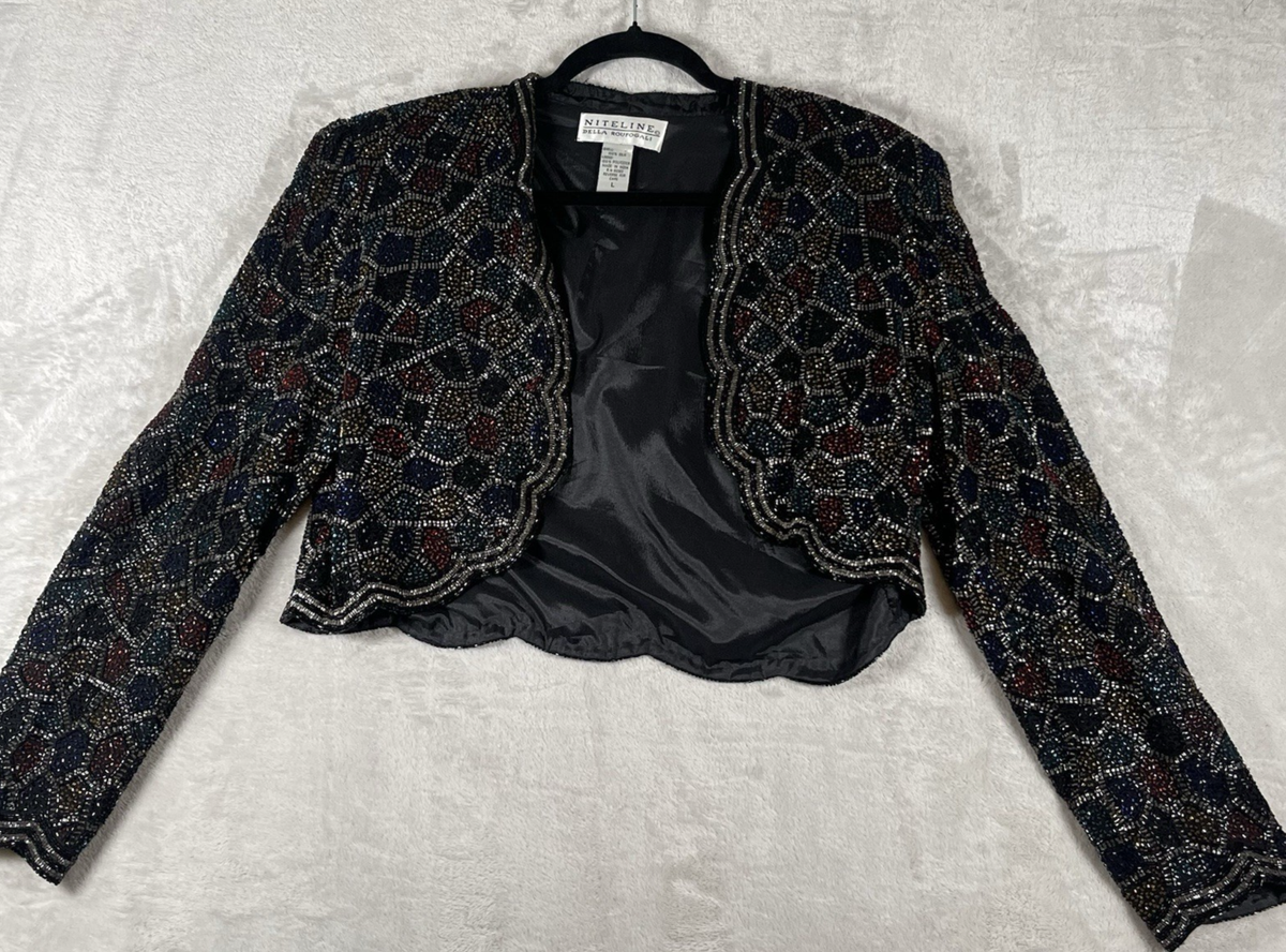 Niteline Della Roufogali Womens Black Beaded Bolero Evening Jacket Large Vtg