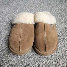 Pawz Women's Brown Suede Shearling Lined Slip-On Slippers Fur Trim Comfort