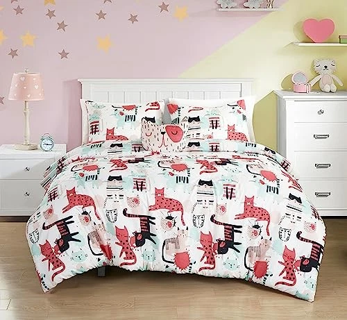 Conjunto de Cama 4 Peças Gatos Desenhos Animados Tamanho - Azul Completo/Azul Rainha/Rosa/Preto Gato - Imagem 3 de 4