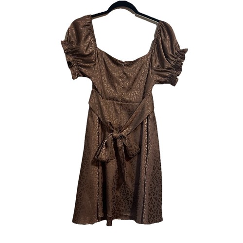 Francesca's Brown Satin Cheetah Print Mini Dress Bubble Sleeves Size Large NWT - Picture 7 of 10
