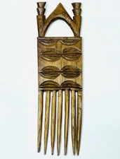 Vintage African Hand Carved Wooden Hair Comb Afro Pick Beautiful Dark Wood 7”