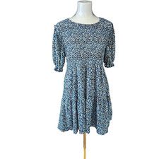 Wild Fable Blue Floral Smocked Tiered Mini Dress Size M Ditsy Boho Cottagecore