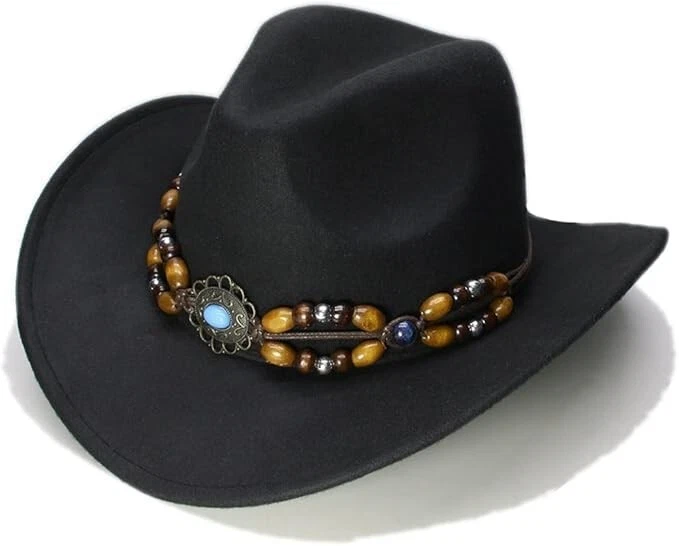 Черная ковбойская и ковбойская шляпа — широкие поля, коричневый ремешок из бисера, ретро западный вид - Изображение 3 из 4