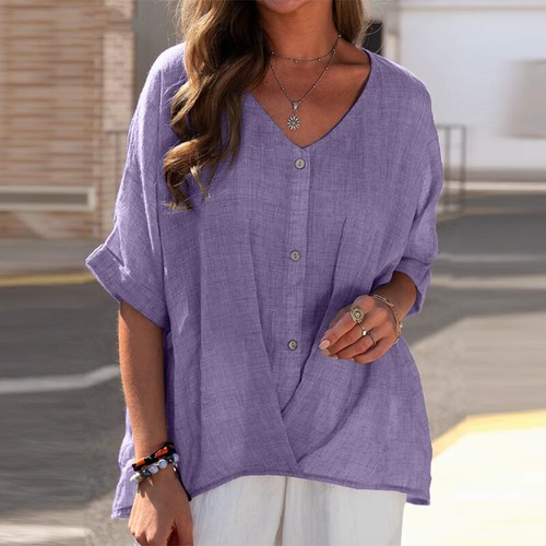 Plus Size Women Cotton Linen Casual Blouse Baggy Ladies T-Shirt Top Summer Tunic - Picture 8 of 19