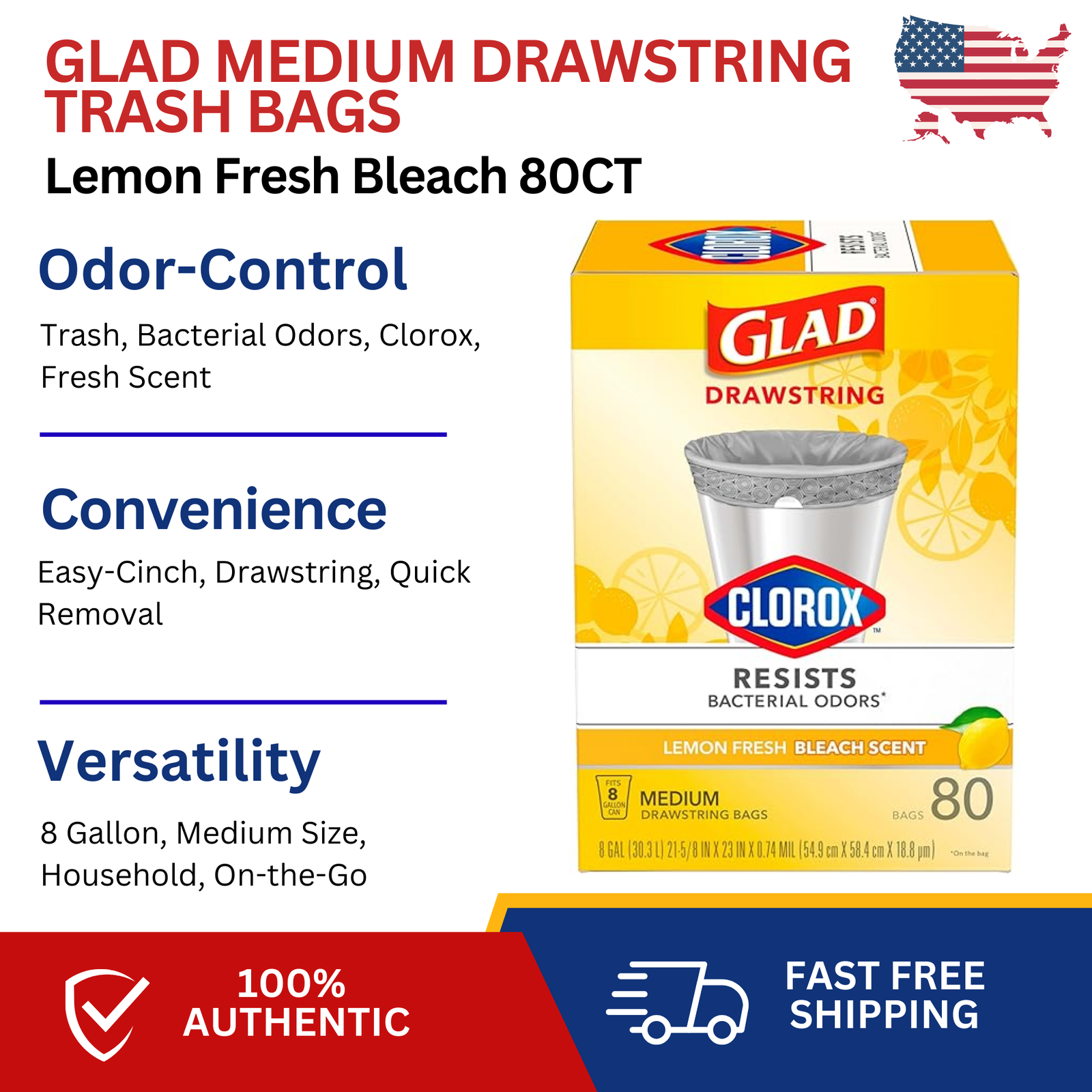 Glad Medium Drawstring Trash Bags with Clorox, 8 Gallon, Lemon Fresh Bleach 80CT