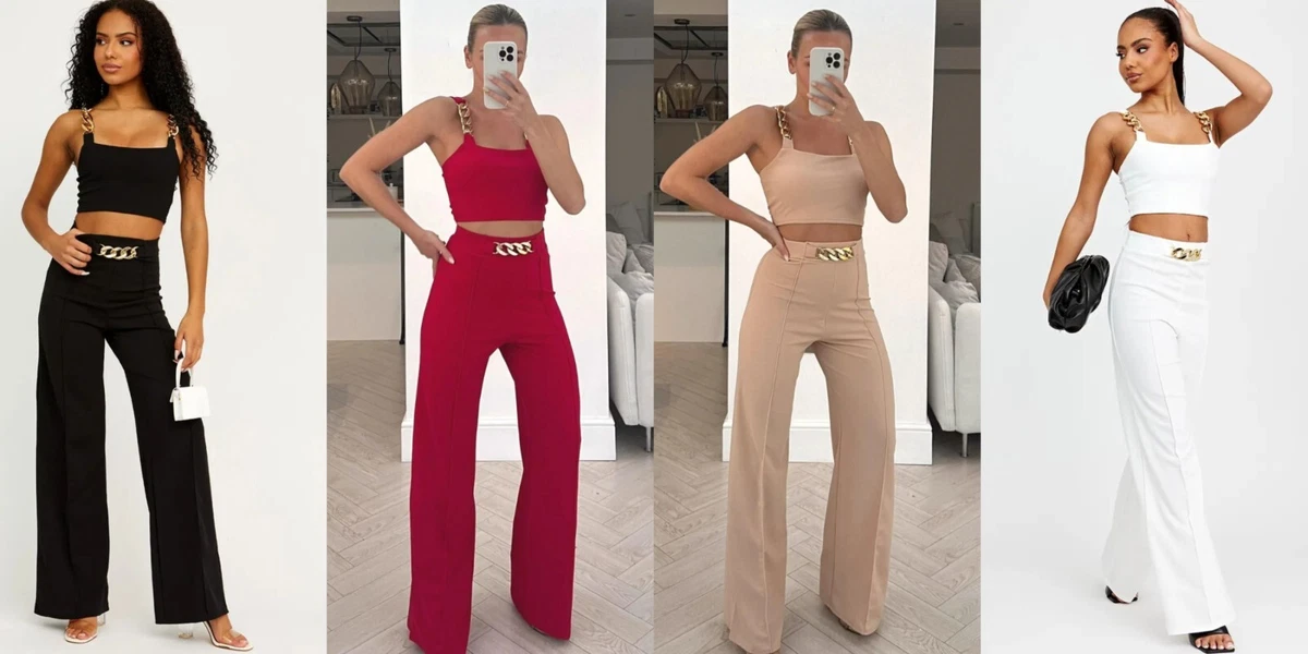 Womens Chain Crop Vest Top Flare Trousers Two Piece Sexy Party Co Ord  outfit Set