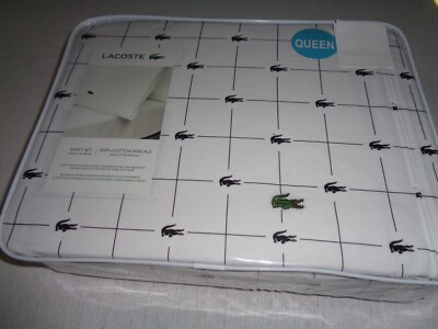 LACOSTE Sheet Set QUEEN 100% Cotton Percale Slice Sheet/Anthracite  ALLIGATOR