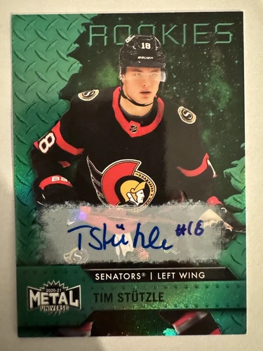 Tim Stutzle 2020-21 Skybox Metal Green Pmg Rookie /10 Autograph Ottawa Senators