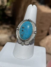 Deep Blue KINGMAN TURQUOISE Sterling Silver Ring, Navajo, Signed 'RB , sz 8-1/4