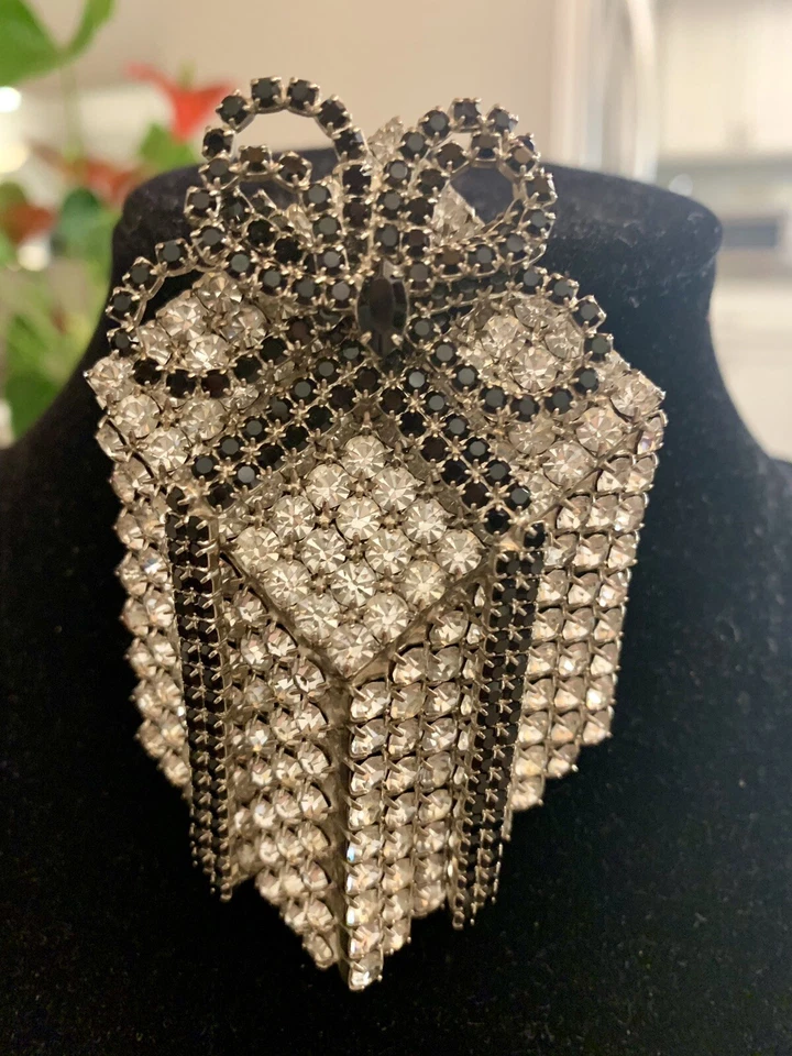 Kirks Folly Christmas Gift Package Pin/Brooch Clear & Black Crystals Large 3.5"