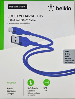 Belkin BoostCharge USB-A to USB-C Soft Touch Silicone Cable, Blue, 5 feet