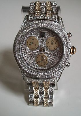 Men's ICE stones gold & silver finish fashion dress up removable link watch