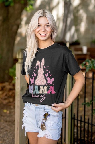 Cute Spring Easter Mama Bunny Butterflies Womens Graphic Crewneck T Shirt Tee - Picture 4 of 7